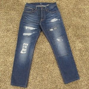 Gilded Age Jeans 32x30 Dark‎ Wash Selvage Distressed Patch Work Stretch Denim